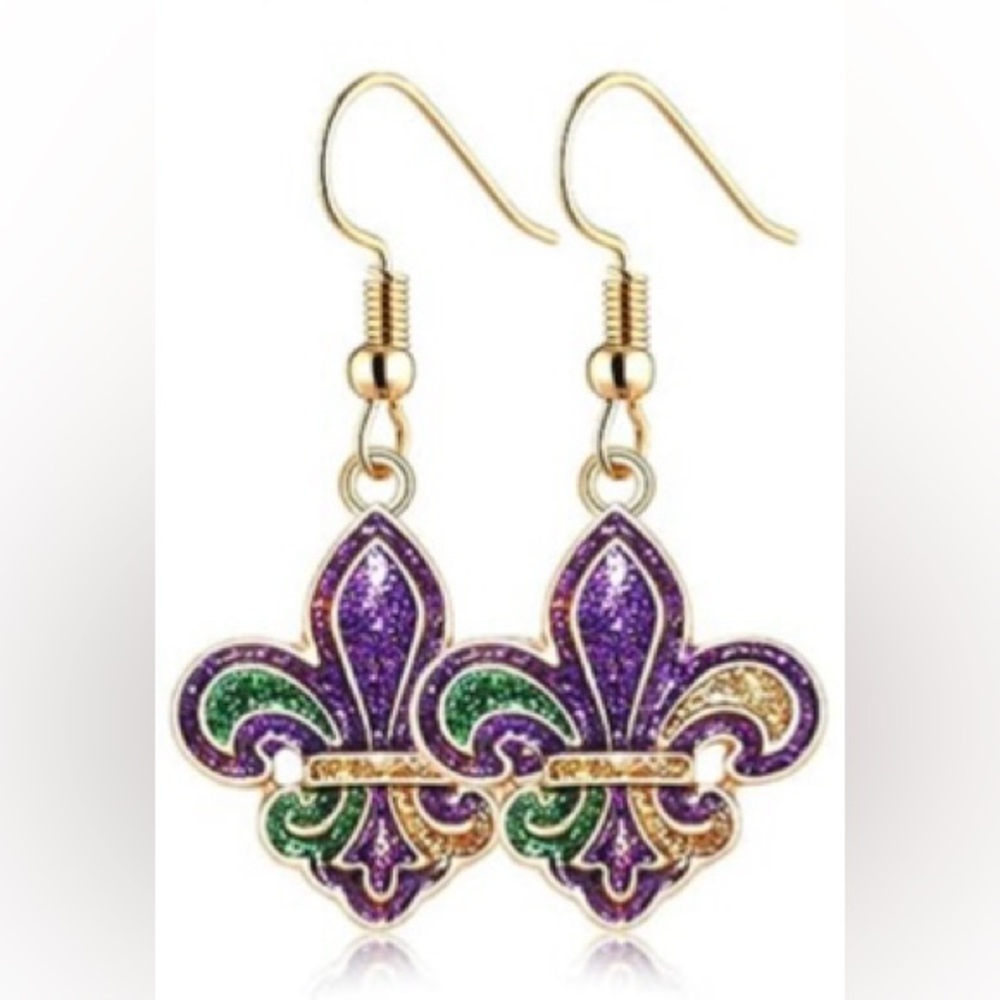 Mardi Gras Purple Green and Goldtone Fleur De Lis Dangle Earrings - New